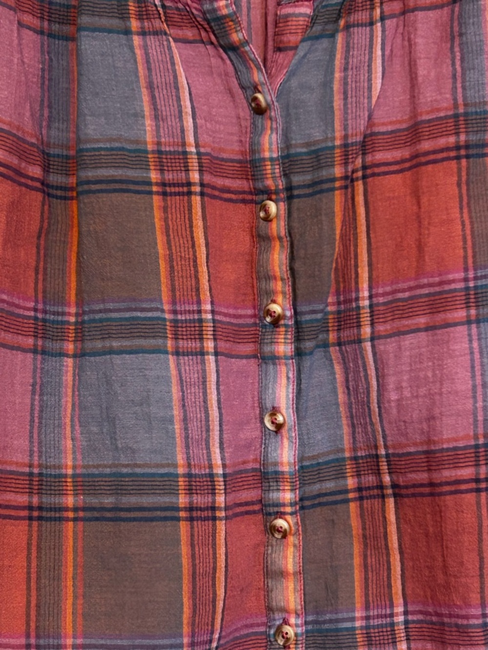 Lucky Brand Plaid Peasant Blouse XS Boho Smocked Yoke Cotton Short Sleeve Top - Picture 3 of 8